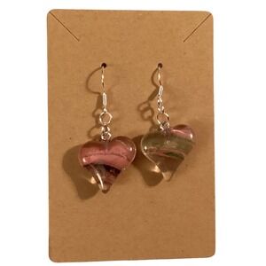 Heart Dangle Earrings Silver Tone Hooks Pink Green‎ Resin Jewelry